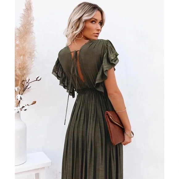 Olive Green Gauze Boho Button Maxi Coverup Dress - Picture 4 of 5